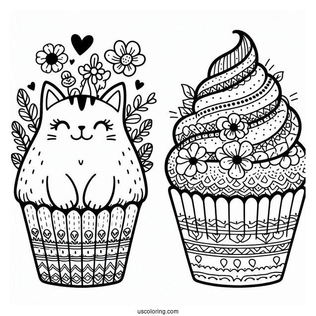 Cat Themed Cupcake To Color For Kids