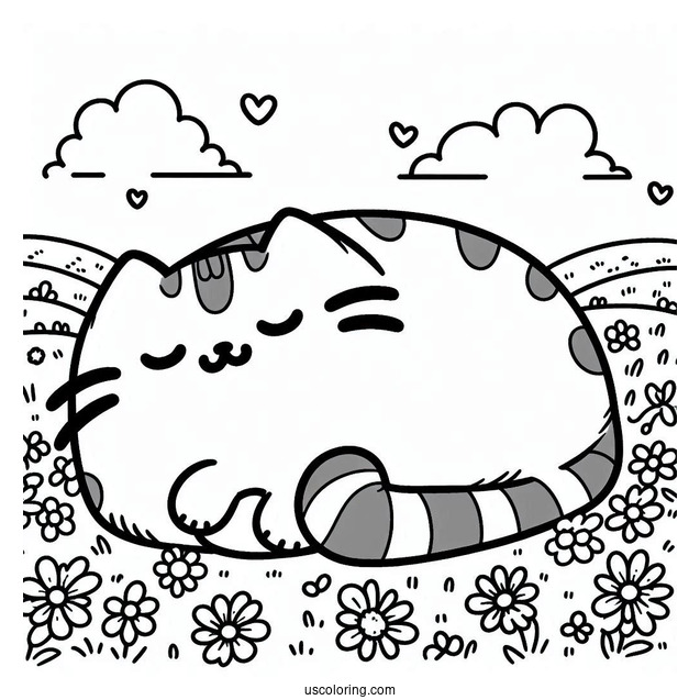 Pusheen Lying In Field With Flowers To Color