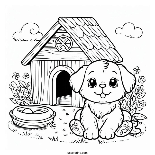 Puppy In Front Of Dog House Coloring Sheet