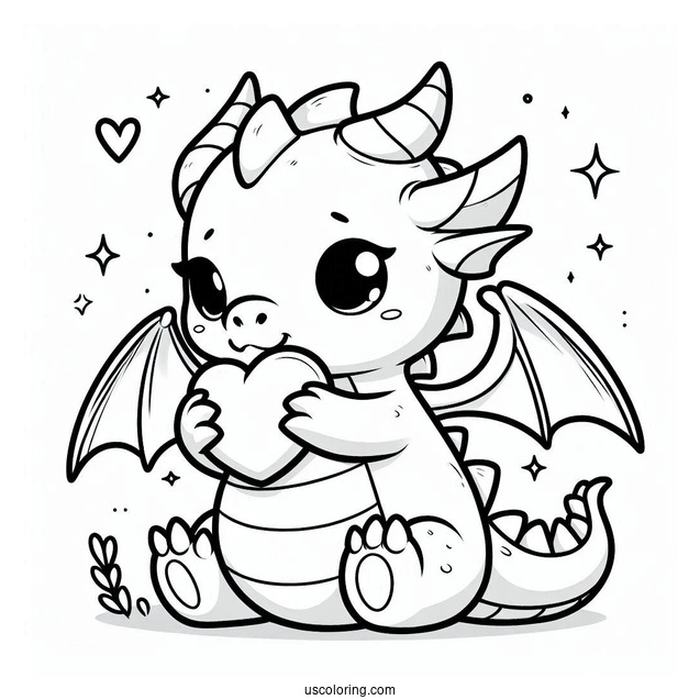 Adorable Little Dragon Hugging A Love Heart Coloring Page For Kids