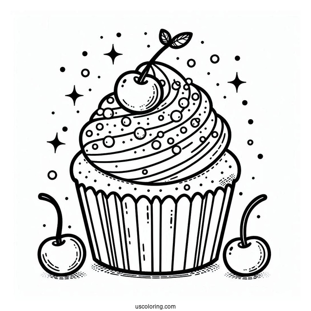 Cupcake With Cherries And Sprinkles To Color