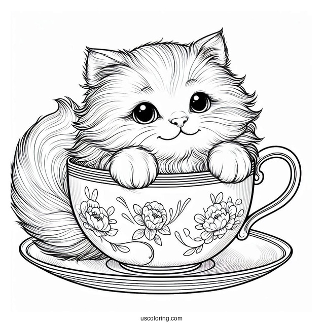 Coloring Page Of Realistic Cat Inside Teacup