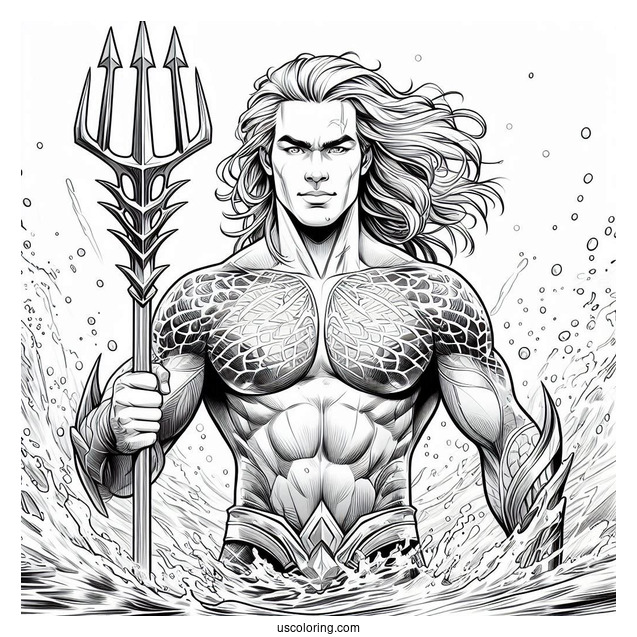 Realistic Aquaman Coloring Page With Trident And Water In The Back