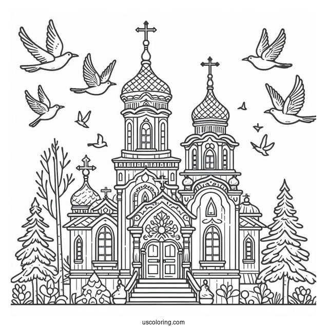 Traditional Church Coloring Page Outline With Birds And Trees