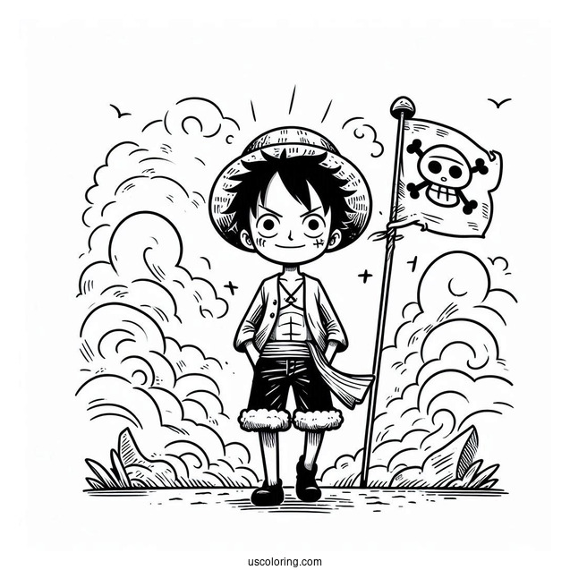 Luffy Coloring Page Standing In Front Of Straw Hat Pirate Flag With Mist