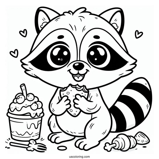 Happy Raccoon Coloring Page With Leftover Food
