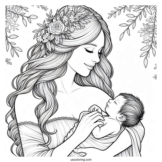 Realistic Woman Holding Newborn Baby Coloring Page
