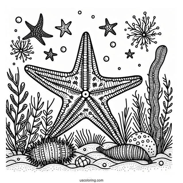 Simple Starfish Coloring Page On The Sea Floor With Sea Cucumber And Brittle Star