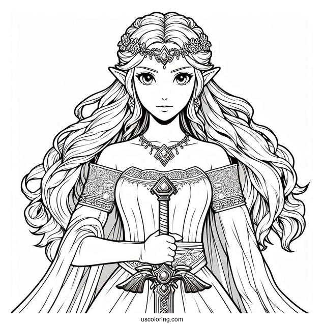Princess Coloring Page Of Realistic Princess Zelda Holding Sword