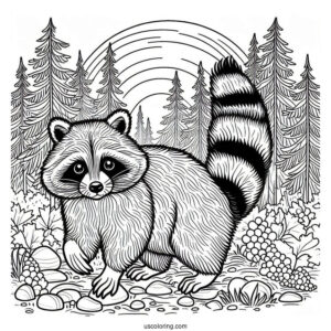 Adult Raccoon Coloring Page In A Forest