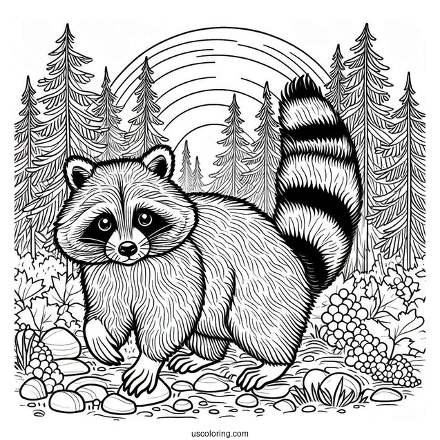Adult Raccoon Coloring Page In A Forest