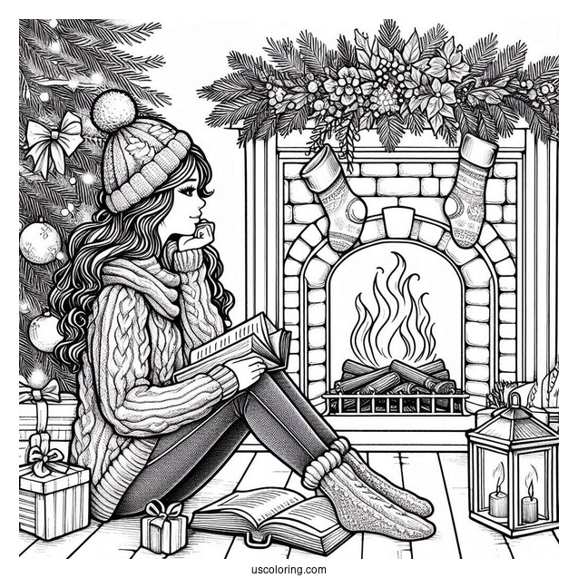 Christmas Coloring Pages For Adults Of Woman Sitting Beside The Fireplace With A Book On Christmas