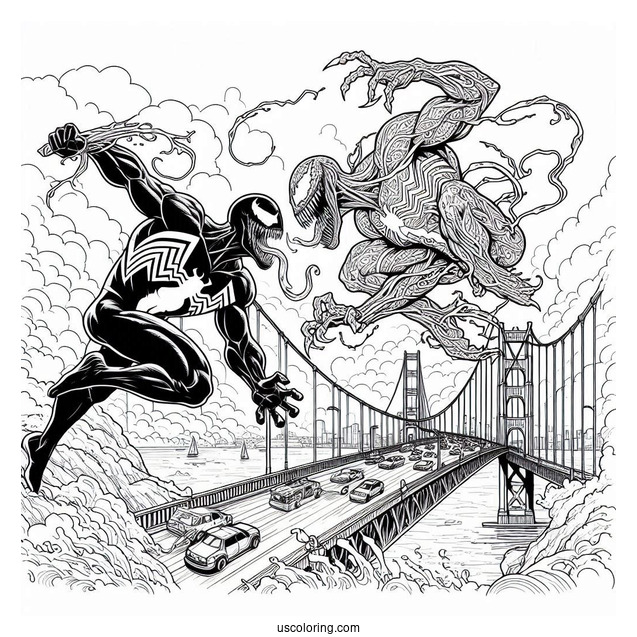 Venom Vs Carnage Coloring Page Fighting On Golden Gate Bridge