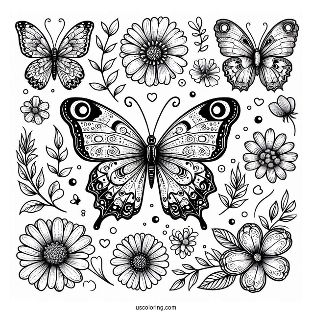 Full Page Butterflies With Flowers Coloring Page
