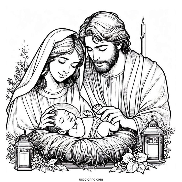 Nativity Coloring Page Of Mary And Joseph Cradling Newborn Jesus