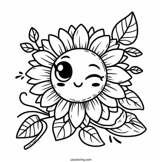 Cute Winking Sunflower Coloring In
