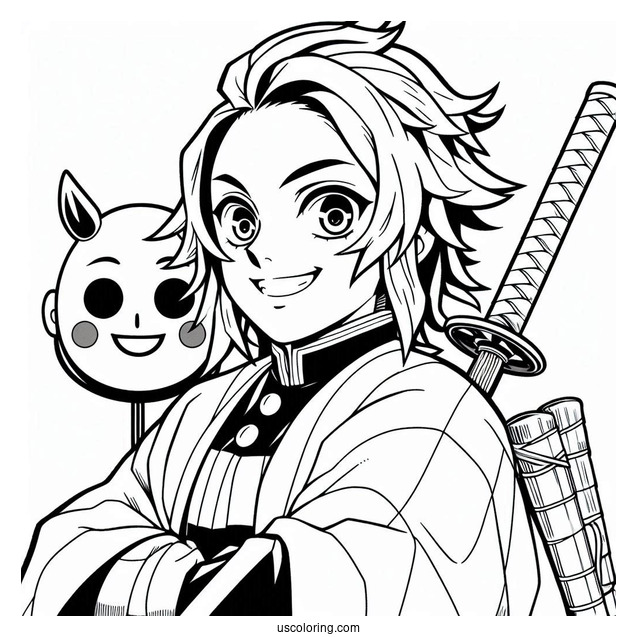 Smiling Tanjiro Coloring Page Holding Nichirin Sword Behind Him