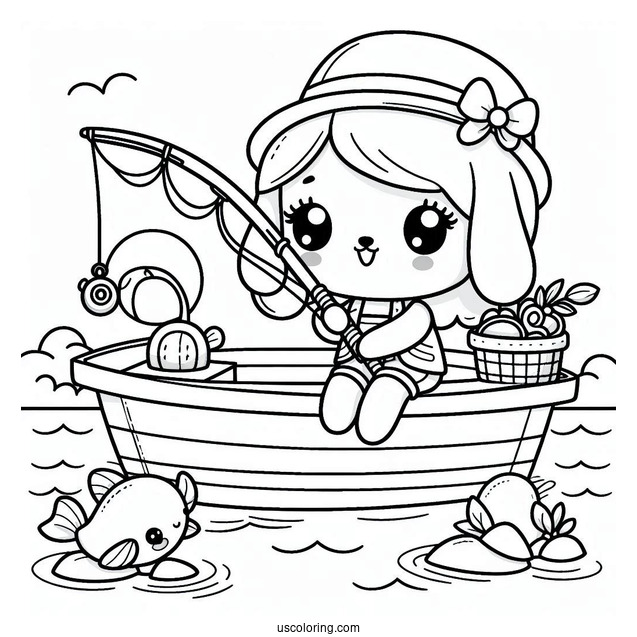 Cute Animals Fishing Coloring Page On A Boat At Sea For Kids