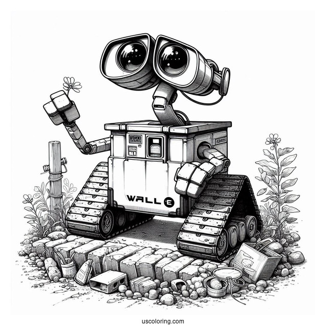 Pixar Coloring Page of Detailed Wall E With Eve
