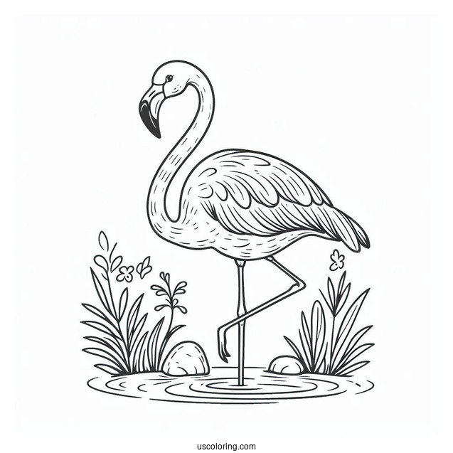 Coloring Page Of a Tropical Themed Flamingo