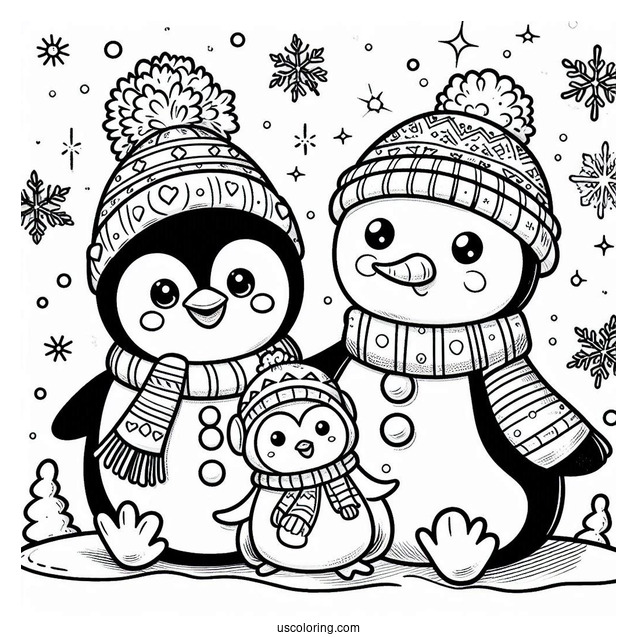 Cute Penguin And Snowman To Color