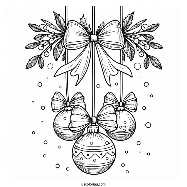 Bulbs Hanging From Mistletoes With Bows Christmas Ornaments Coloring Page