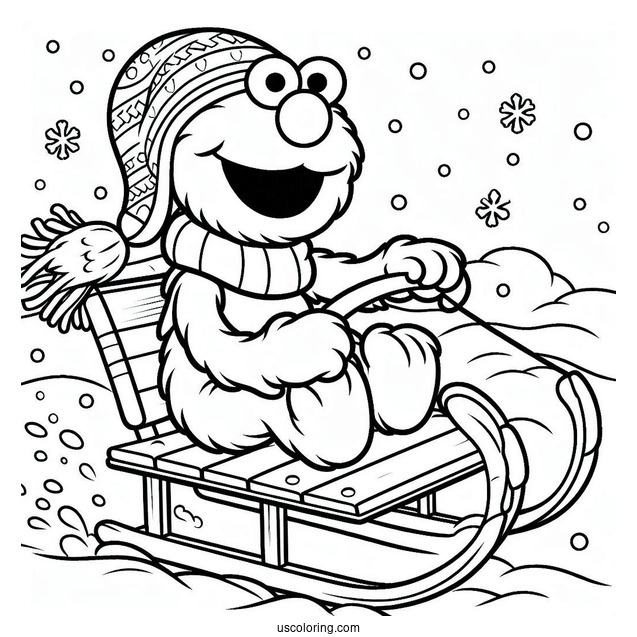 Elmo Riding a Sled During Winter To Color