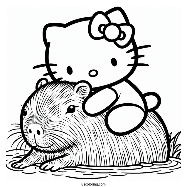 Hello Kitty Hugging A Capybara Coloring Page For Kids