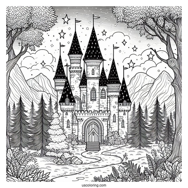 Magical Castle Coloring Page In The Forest With Starry Sky