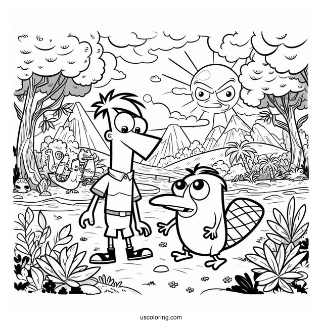 Phineas And Ferb Coloring Page In The Backyard With Perry The Platypus