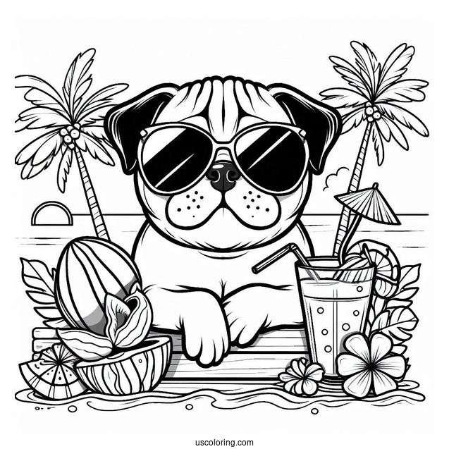 Cool Pug Coloring Page Wearing Sunglasses on a Tropical Vacation