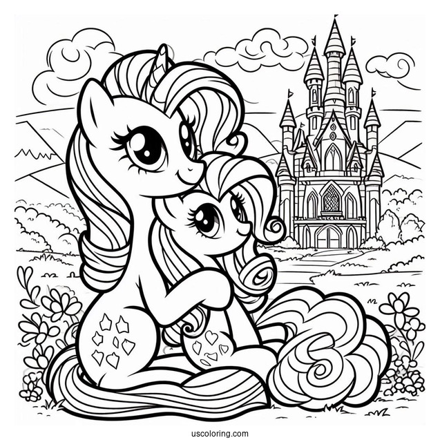 Pinkie Pie Hugging Rarity Coloring Page In Front Of A Castle
