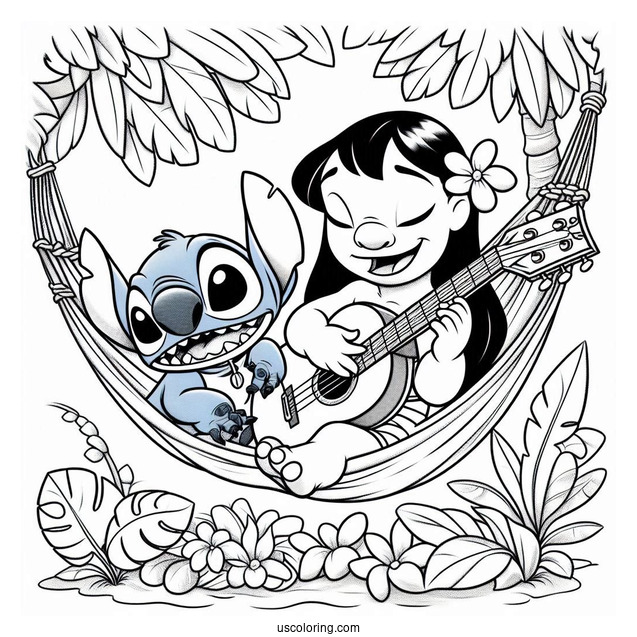 Lilo And Stitch Playing Guitar On a Hammock Coloring Page