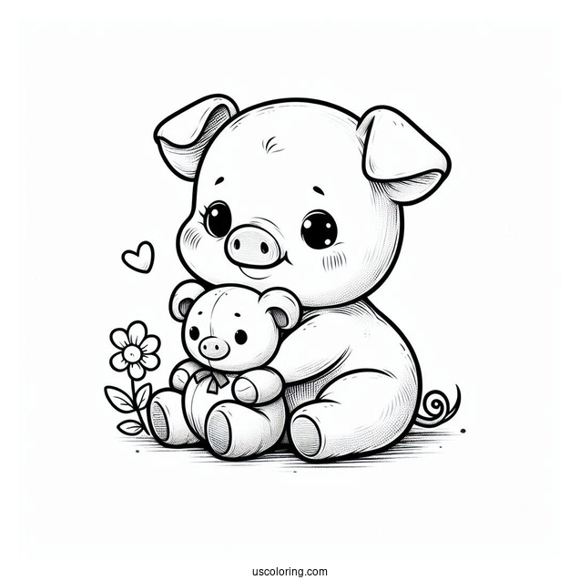Baby Piglet Coloring Page Holding A Teddy Bear For Preschoolers