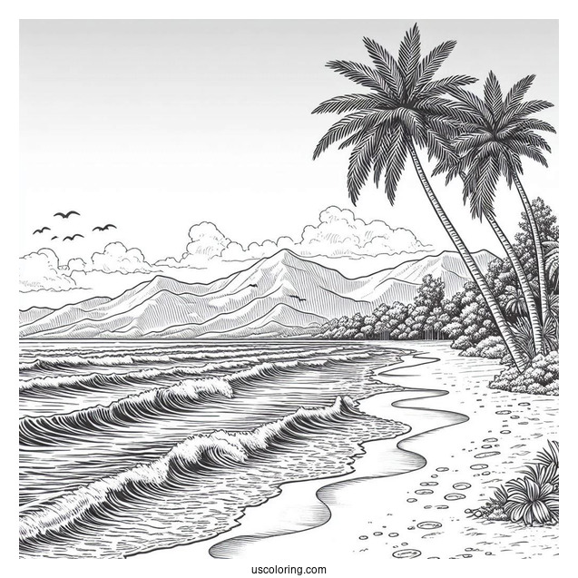 Realistic Beach Coloring Page With Mountain View