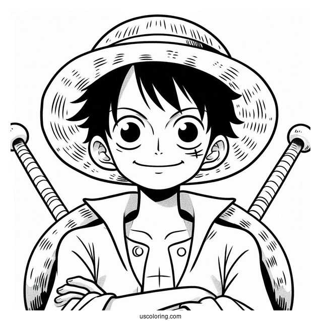 Luffy Coloring Page Wearing Two Hats Over His Signature Straw Hat