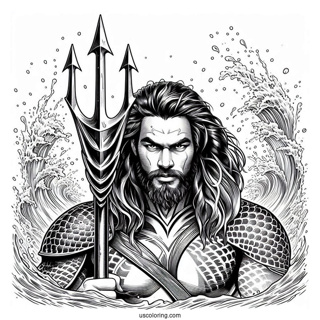 Realistic Aquaman Coloring Page With Trident And Water In The Back
