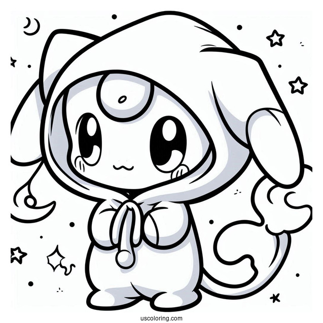 Cute Mew Coloring Page In Onesie With Hoodie For Kids