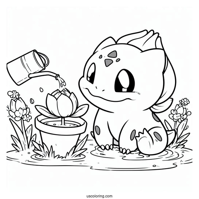 Bulbasaur Coloring Page Watering Flowers