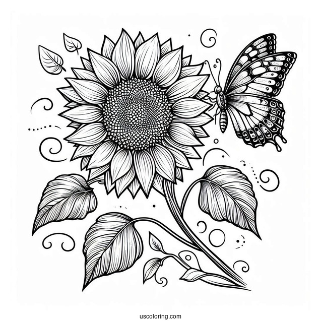 Sunflower With Butterfly Coloring Page