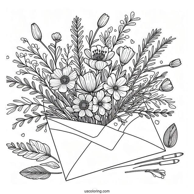 Wildflowers Bursting From An Envelope In Spring Coloring Sheet For Kids