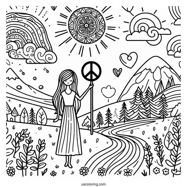 Person Holding A Peace Coloring Page Sign With Different Landscapes