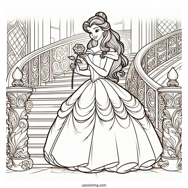 Princess Coloring Page Of Belle Holding Rose On Staircase