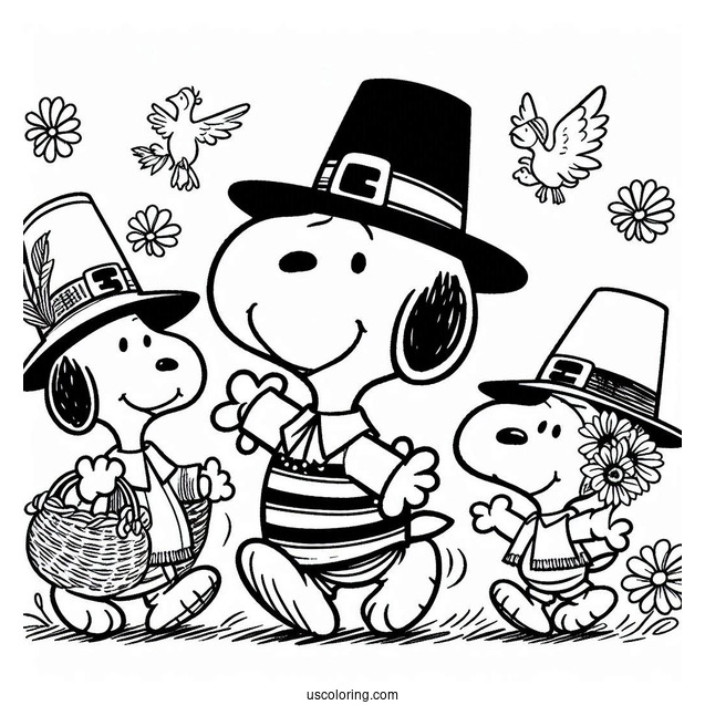 Snoopy And Friends Pilgrim Coloring Page Celebrating Thanksgiving