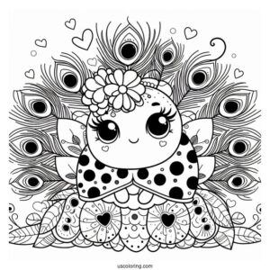 Cartoon Ladybug Sitting On Peacock Coloring Page with Flower Hat and Heart Shaped Tail Feathers