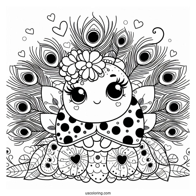 Cartoon Ladybug Sitting On Peacock Coloring Page with Flower Hat and Heart Shaped Tail Feathers
