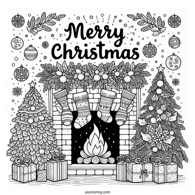 Christmas Coloring Pages For Adults Of Merry Christmas Words On Top Of Fireplace With Stockings