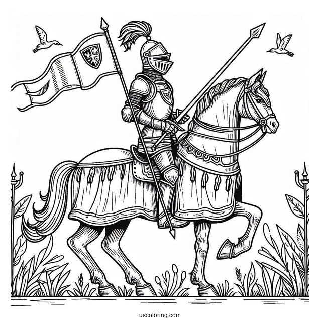 Coloring Sheet Of Knight With Lance On A Horse