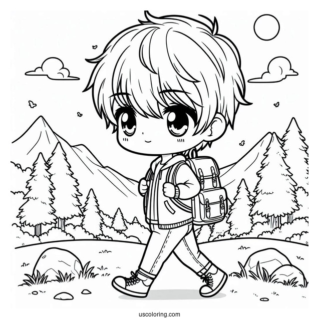 Chibi Coloring Page Schoolboy with Backpack Walking Outdoors