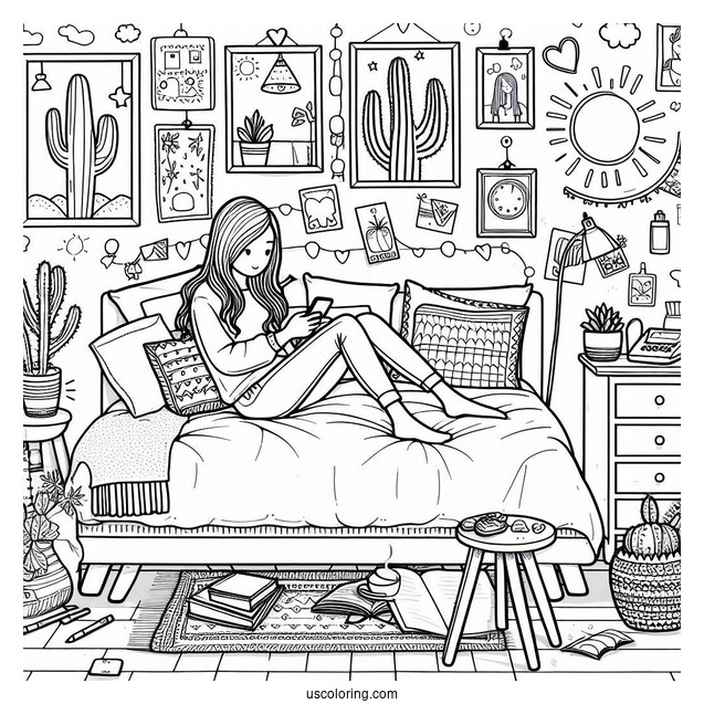 Bedroom Coloring Page Girl Texting On Her Bed Surrounded By Posters And Cactus